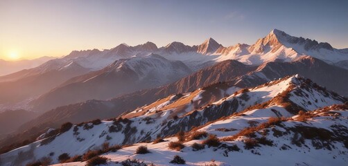 Obraz premium The golden light of sunrise illuminating the snow-capped peaks of the Grand Vilaia hills, mountain scenery, mountains