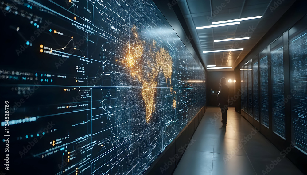 Poster a futuristic corridor displaying a digital world map and data visualizations.