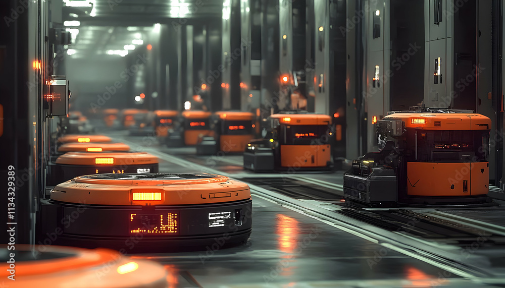 Poster a futuristic warehouse filled with autonomous robots for efficient material handling.