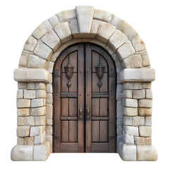 Stone archway door with wooden panels, transparent isolated background