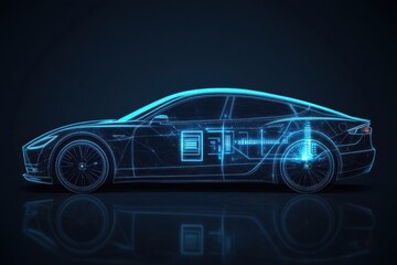 Futuristic electric car illustration showcasing its inner mechanics with a glowing blue outline, emphasizing modern technology.