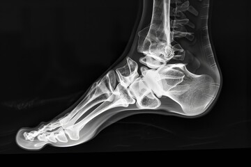 The X-ray displays the intricate details of a human foot and ankle, highlighting the bones and joints for evaluation in a clinical setting.