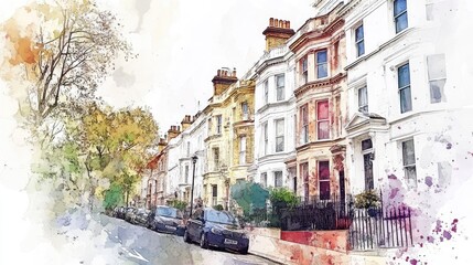 Obraz premium Watercolor the Notting Hill neighborhood in London, white background.