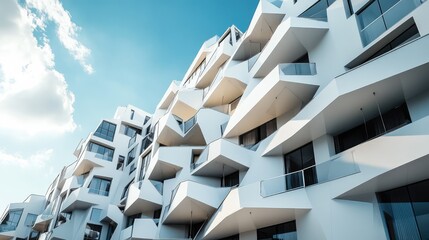 A modern high-rise building with a fractal lattice design, where each floor balcony is shaped to repeat the overall building structure