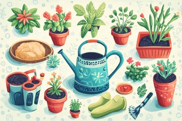 Colorful illustrated gardening scene featuring plants, pots, and tools with a cheerful, vibrant arrangement.
