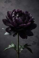 A single black peony flower on a dark, muted gray background with subtle texture and shadows, mysterious bloom, dark florals, moody