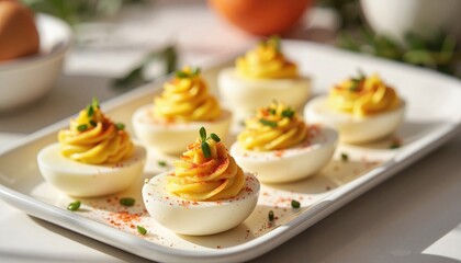 Deviled eggs with paprika and chives, bright mood, fresh ingredients on a white platter