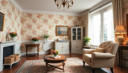 A cozy and elegant living room with floral wallpaper, a chandelier, and a fireplace, complemented by a beige armchair, wooden coffee table, and various decorative elements	