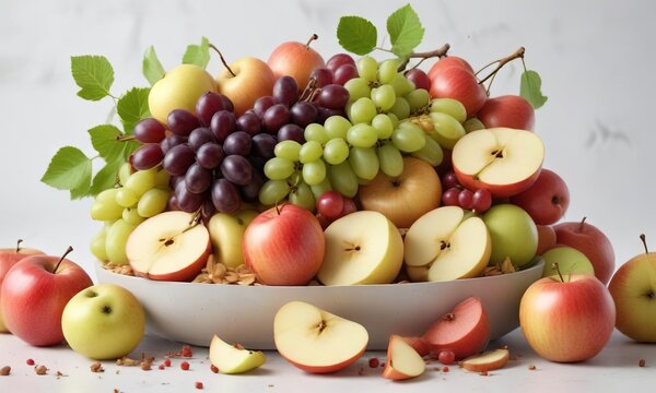 A beautiful arrangement of sliced apples and grapes on a white background, creating a sense of simplicity and elegance , elegance, background