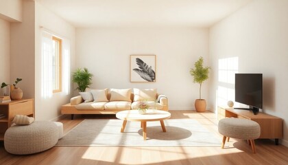 A modern living room with a large window, white walls, and a neutral color palette featuring a beige sofa, wooden coffee table, and a flat-screen TV	