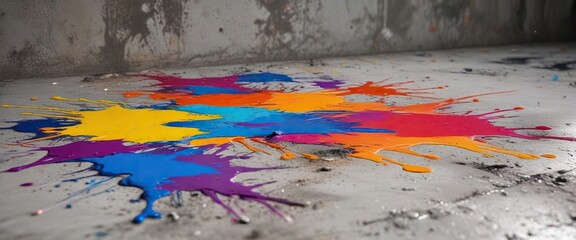 Paint spills create an artistic mess on textured concrete, abstract, drips