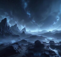 Fototapeta premium Blue-hued mist swirls around delicate, shimmering lights that dance across the dark expanse, blue mist, foggy atmosphere, atmospheric effects