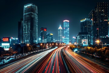 Fototapeta premium A bustling city skyline illuminated by colorful lights showcases skyscrapers as vehicles streak along the busy highway during the night.