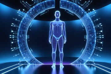 Fototapeta premium A holographic human figure with a glowing, futuristic design stands with illuminated DNA strands in the background. The scene symbolizes advanced science, genetics, energy, and technology, with vivid 