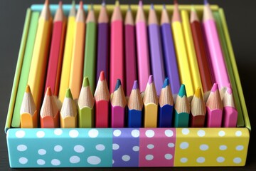 A vibrant assortment of colored pencils neatly arranged in a decorative box with polka dots.