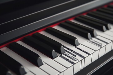 Close-up of black and white piano keys, showcasing their glossy finish and intricate details.