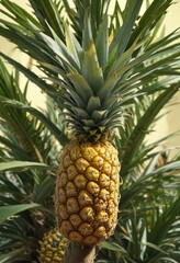Fototapeta premium Pineapple on a sunny branch with noticeable yellowing spots, green, ripe, ripening