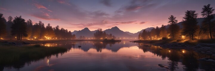 serene riverscape at dusk with soft glowing lights, winding river, natural ambiance