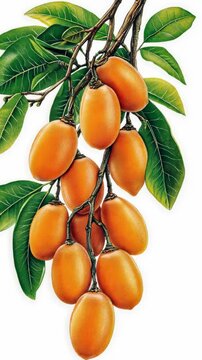 Mango sapote fruit hanging from branches with green leaves in natural arrangement