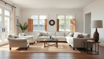 a spacious and well-lit living room with a large white sectional sofa, two matching armchairs, a coffee table, and a large window with wooden shutters. The room has a neutral color palette