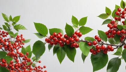 White Background with Red Berries and Green Leaves, white background, red berries