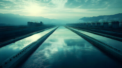 Fototapeta premium A serene industrial landscape with water channels reflecting the sky and mountains.