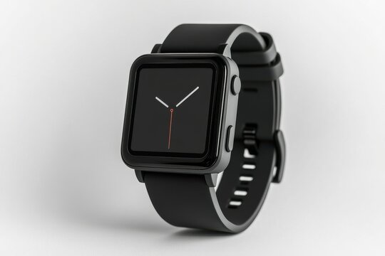 A sleek black smartwatch showcasing a minimalist design with a modern square face and stylish strap.