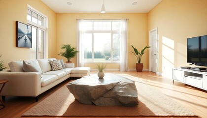 A bright and spacious living room with a large window, white sofa, and a flat-screen TV on a white entertainment unit	