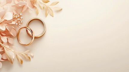 Wedding ring ads background. Wedding rings from red gold on light background, copy space. Gold wedding rings. Minimalistic rings for wedding, proposal. Saint Valentine Day rings. Wedding rings banner