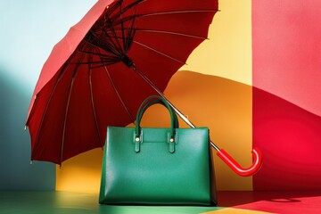 A stylish green handbag and a vibrant red umbrella create a bold and colorful fashion statement.