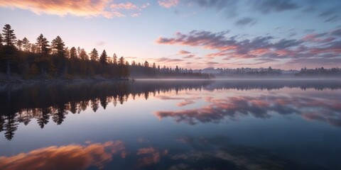 Naklejka premium Majestic lake scene at dawn with soft blue sky and wispy clouds, serene, morning, beautiful
