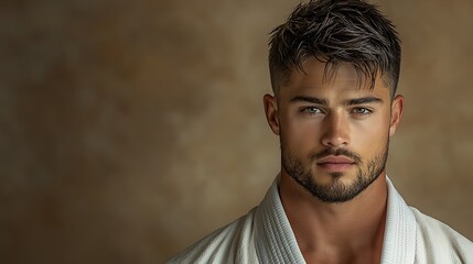 Elegant ultra-realistic portrait of a man in a jiu jitsu kimono, wrapped in a minimalist white scarf. Soft diffused lighting and beige background enhance his serene expression and smooth textures, 