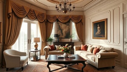 A luxurious living room with a large window, ornate curtains, a chandelier, and a painting on the wall	