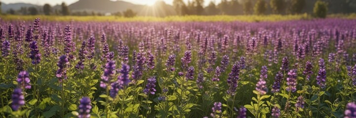 Fototapeta premium Field of Medicago sativa with purple flowers blooming in the sunlight , medicago sativa, farmland, wildflower