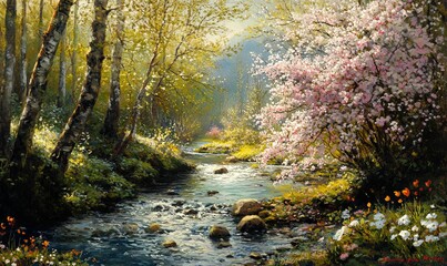 Stream flows through lush, flowering woodland.