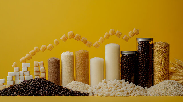 Uptrending Graph Made of Coffee Beans and Sugar Cubes on a Yellow Background