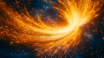 Glowing orange energy stream swirls in dark space.