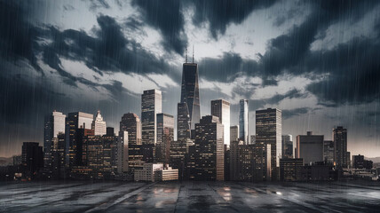 A moody cityscape with a dark stormy sky and swirling clouds looming above, symbolizing the ominous impact of an economic crisis, uncertainty, or challenging times ahead. 