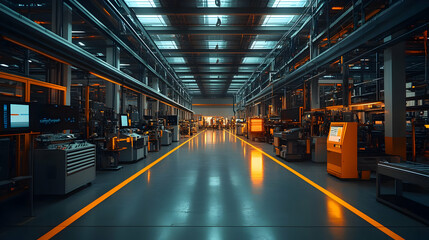 A spacious industrial facility with machinery and workstations illuminated by overhead lights.