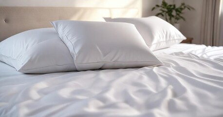 White mattress with crisp white sheets and pillowcases, pure white, pristine bedding,