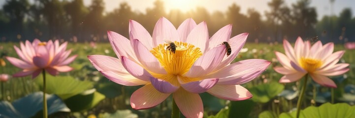 Bees gathered around a lotus flower in a sunny meadow , yellow petals, flowers, pollination process