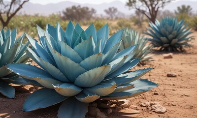 Obraz premium Mature blue agave plant with large, succulent leaves in a field , Prickly Plants, Field