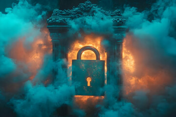 Glowing padlock within ancient stone archway, shrouded in mystical smoke.