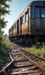 Obraz premium A weathered railcar with shattered glass and twisted metal, half-hidden in the bushes of a forgotten railway track, abandoned train car, broken panes