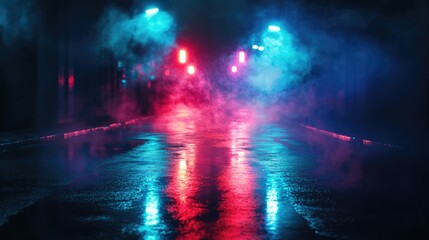Fototapeta premium Wet asphalt, reflection of neon lights, a searchlight, smoke. Abstract light in a dark empty street with smoke, smog. Dark background scene of empty street, night view, night city.