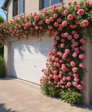 Automatic garage door with gentle swing motion above a row of perfectly pruned and blooming roses, Automatic Doors, Garage Door Open, Softly Opening Door
