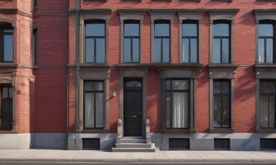 Obraz premium Tall prewar house facade with narrow window slit, urban decay, historic architecture