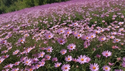 Fototapeta premium A field of Aster alpinus perennials with pink daisies in the foreground and purple asters blooming in the background, Aster alpinus perennial, Field garden