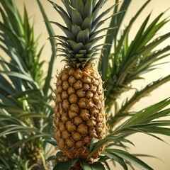 Obraz premium Pineapple on a sunny branch with hints of yellowing, ripe, nature, green