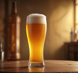 Tall glass of golden beer with a hint of foam, fizzy drink, golden beer